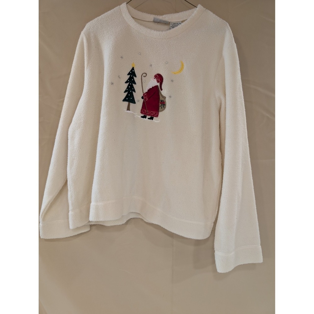 WHITE STAG Cream Fleece Sweatshirt XL 16/18 Santa Tree Moon Embroidered Holiday - Picture 1 of 4